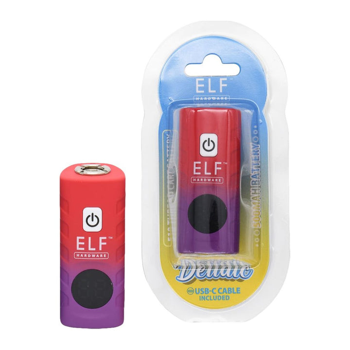 ELF Hardware Deltaic, batería 510 de 500 mAh en Rojo/Morado junto a su blíster con cable USB-C
