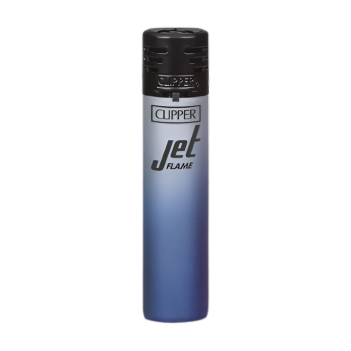 Encendedor Clipper Jet Flame azul con degradado sobre cuerpo blanco, recargable