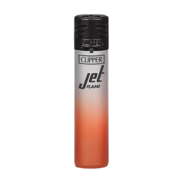 Encendedor Clipper Jet Flame naranja con degradado sobre cuerpo blanco, recargable