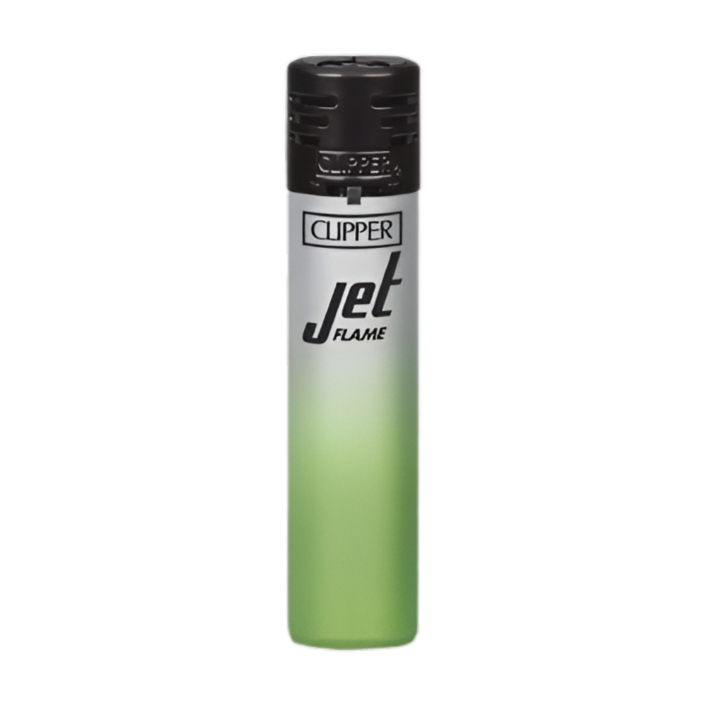 Encendedor Clipper Jet Flame verde con degradado sobre cuerpo blanco, recargable