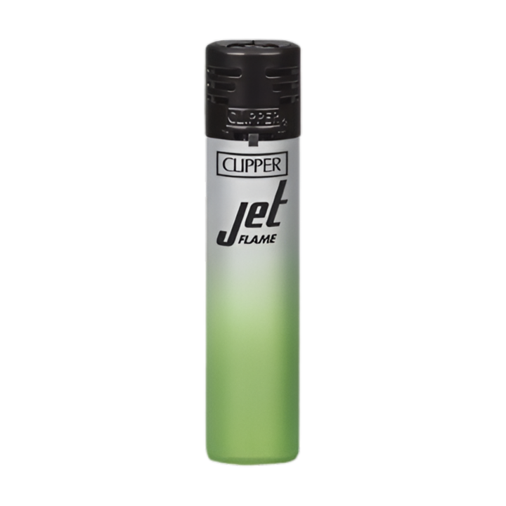 Encendedor Clipper Jet Flame verde con degradado sobre cuerpo blanco, recargable