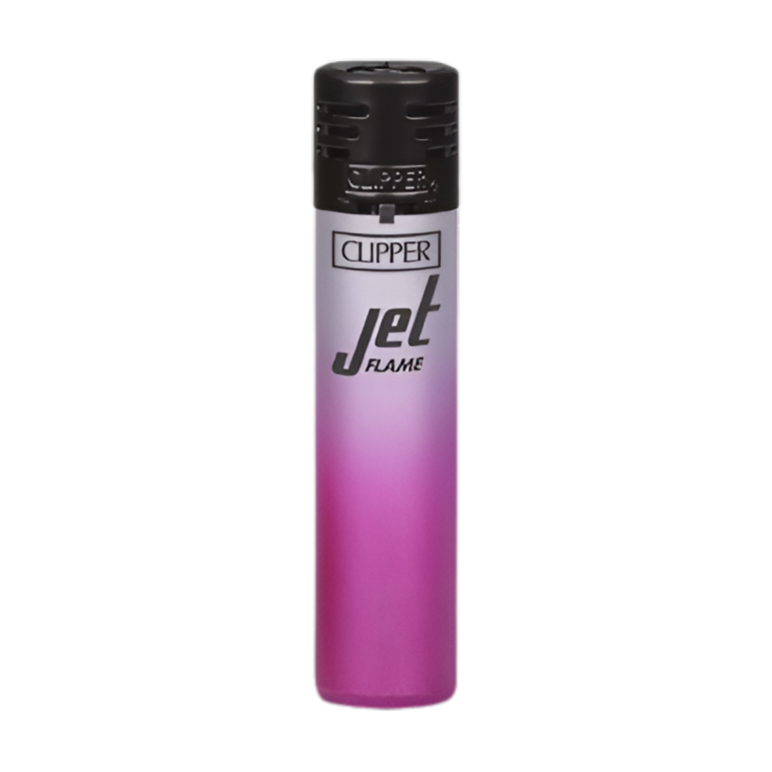 Encendedor Clipper Jet Flame violeta con degradado sobre cuerpo blanco, recargable