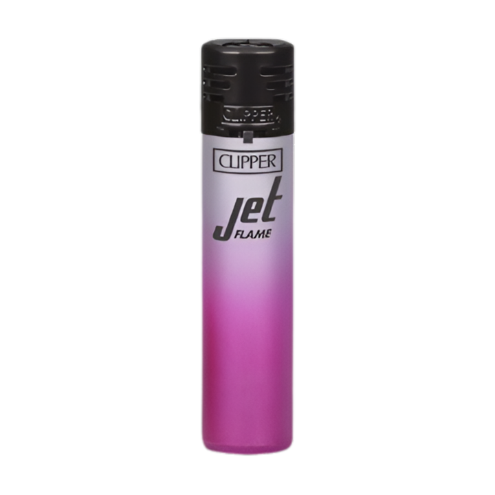 Encendedor Clipper Jet Flame violeta con degradado sobre cuerpo blanco, recargable