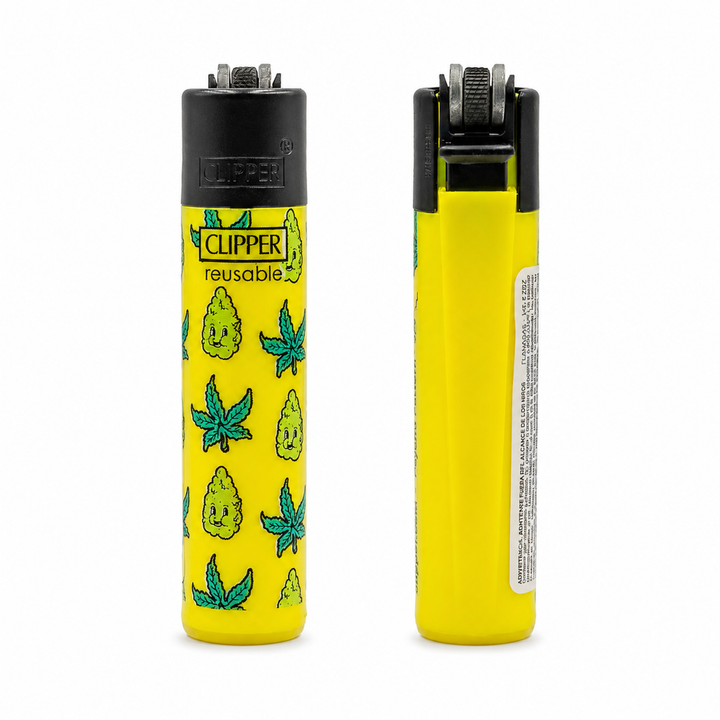 Encendedor Clipper Mini Psycho Amarillo Psycho con ilustraciones sonrientes sobre fondo amarillo