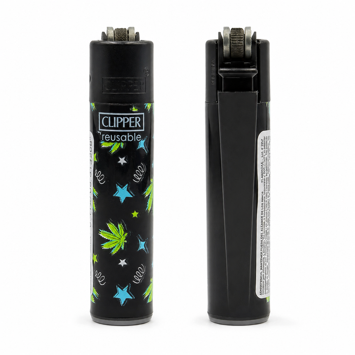 Clipper Mini Psycho Negro Espirales con estrellas blancas y azules y espirales sobre negro