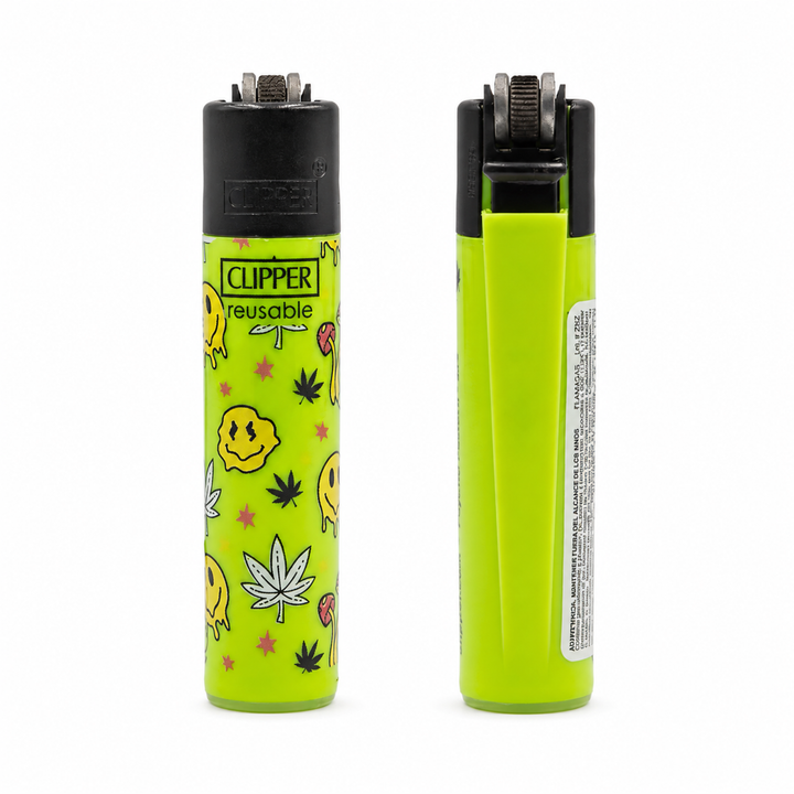 Clipper Mini Psycho Verde Derretido con smileys derretidos, estrellas y figura ondulante roja
