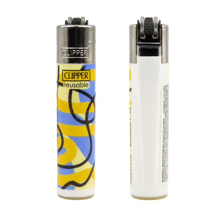 Clipper Silhouettes amarillo y azul lavanda, frente y reverso, con capuchón metálico cromado