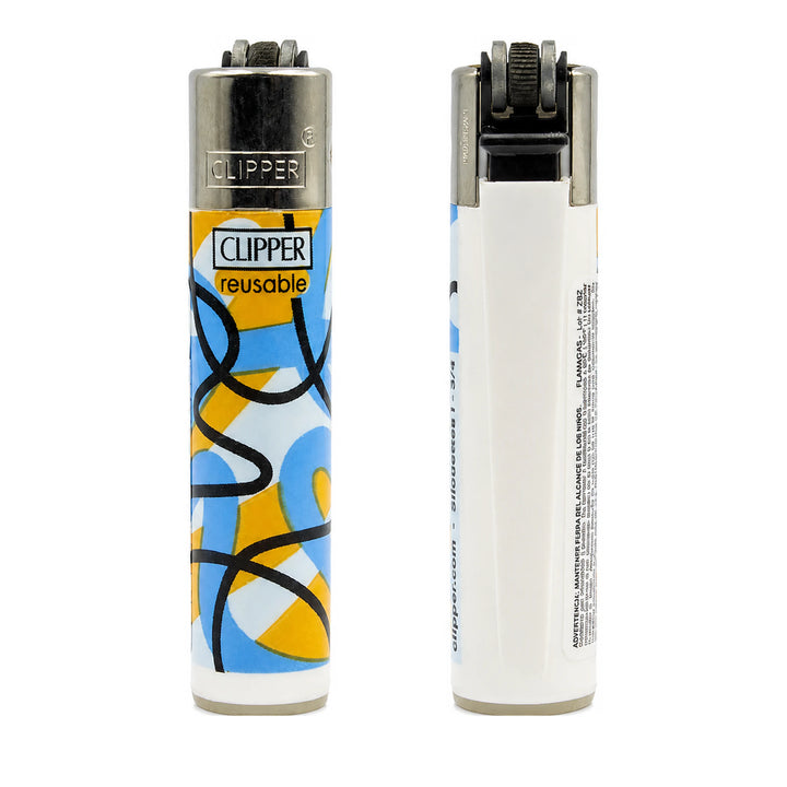 Mechera Clipper recargable naranja y celeste, línea negra continua sobre bloques de color plano