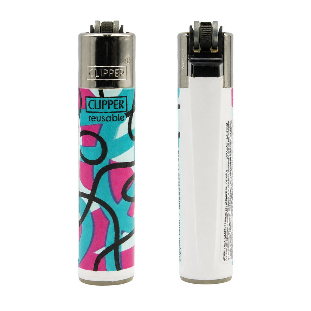 Encendedor Clipper Classic Large turquesa y fucsia, frente y reverso, con trazo negro continuo