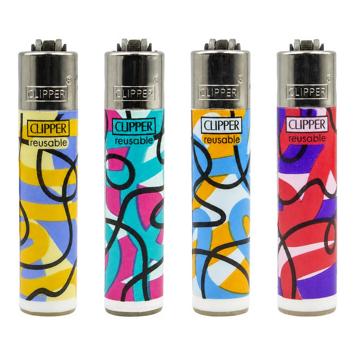 Colección Clipper Silhouettes: los cuatro encendedores Classic Large con trazo negro continuo sobre color plano