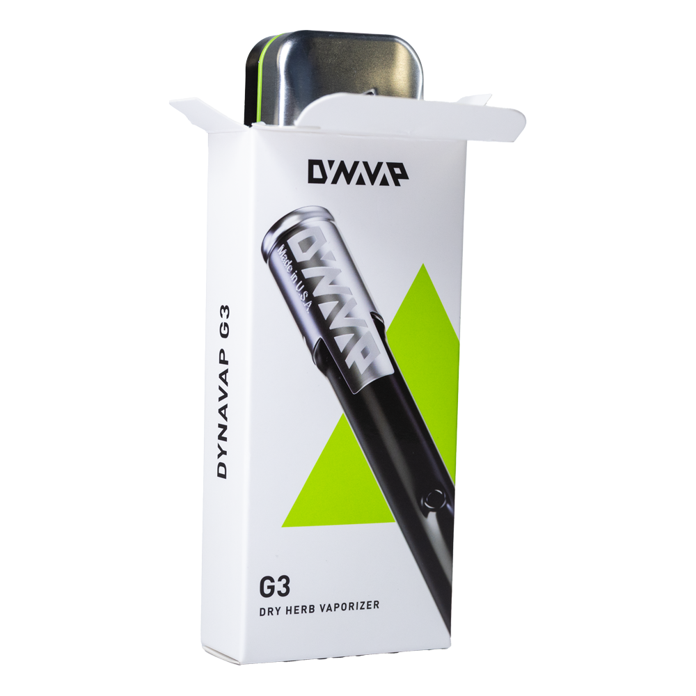 Estuche metálico del vaporizador Dynavap G3 color plata con borde verde.