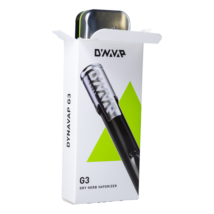 Estuche metálico del vaporizador Dynavap G3 color plata con borde verde.