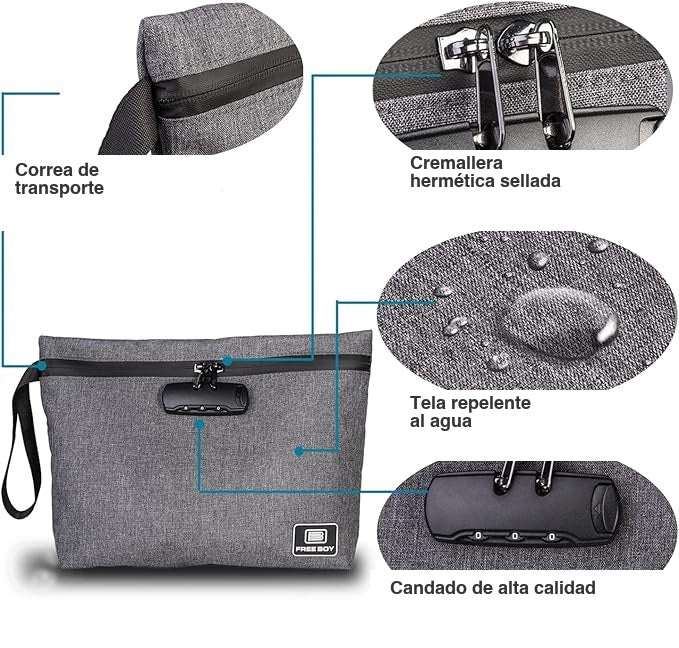 Características del estuche anti olor Free Boy: correa de transporte, cremallera hermética sellada, tela repelente al agua, candado de alta calidad