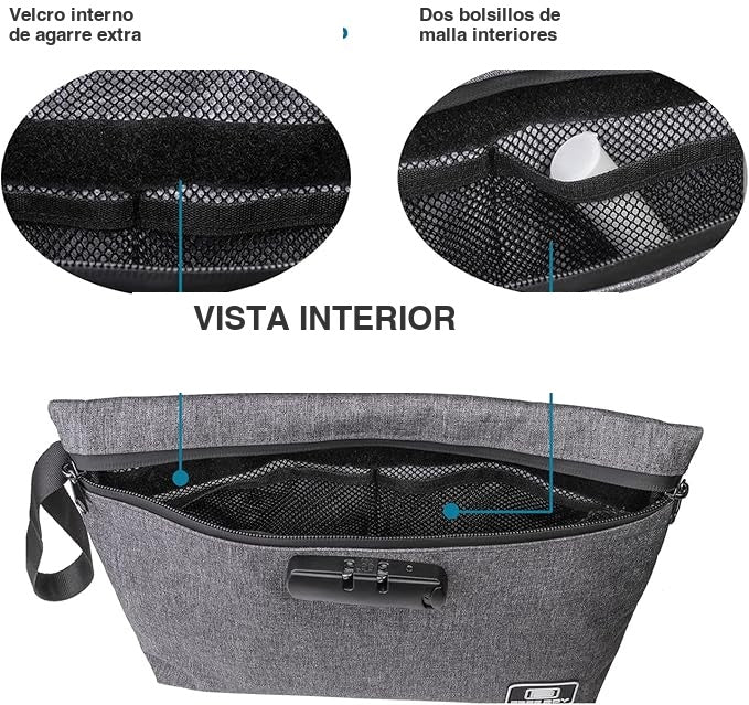 Vista interior del estuche anti olor Free Boy con velcro interno de agarre extra y dos bolsillos de malla interiores organizadores