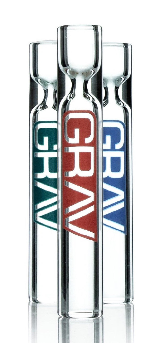 GRAV Taster de 12 mm en vidrio transparente con ejemplos de logos verde, rojo y azul; venta por unidad.