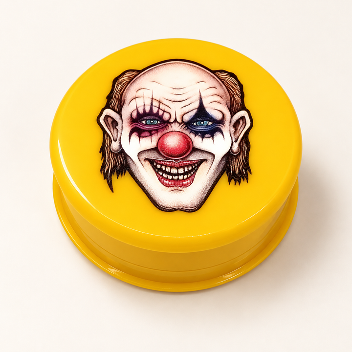 Grinder amarillo Lion Rolling Circus con payaso de nariz roja en la tapa
