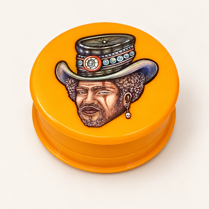 Grinder naranja Lion Rolling Circus con personaje de sombrero de copa y arete