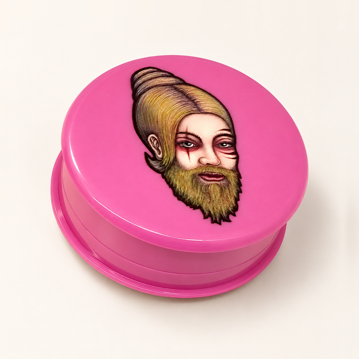 Grinder rosa Lion Rolling Circus con personaje de barba larga y cabello recogido