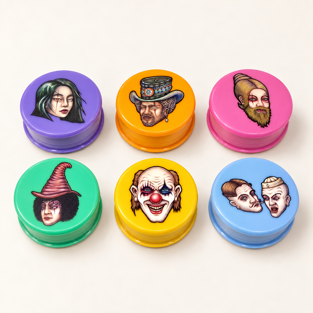 Los seis colores del grinder de acrílico Lion Rolling Circus, cada uno con su personaje