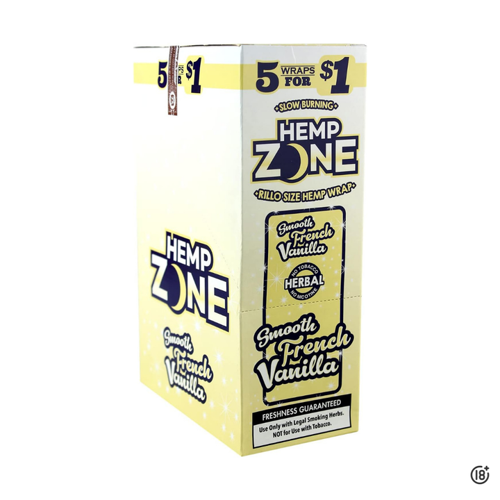 Caja completa de Hemp Zone French Vanilla con cinco hojas de cáñamo saborizadas.