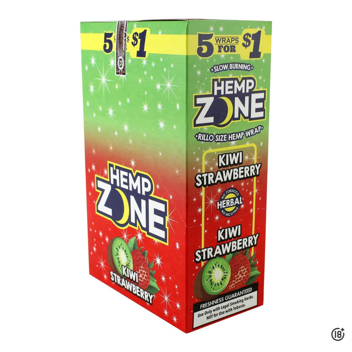 Caja completa de Hemp Zone Kiwi Strawberry con cinco hojas de cáñamo saborizadas.