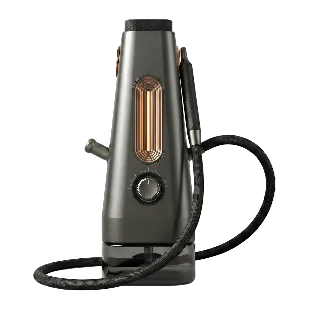 Hookah eléctrica AirVape ENSŌ de frente, con la franja vertical iluminada en ámbar y el botón circular