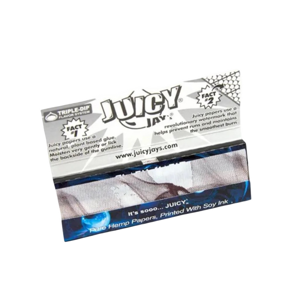 Interior del librillo Juicy Jay's Black Magic: cáñamo puro, tinta de soya y sello Triple-Dip impresos en el empaque.