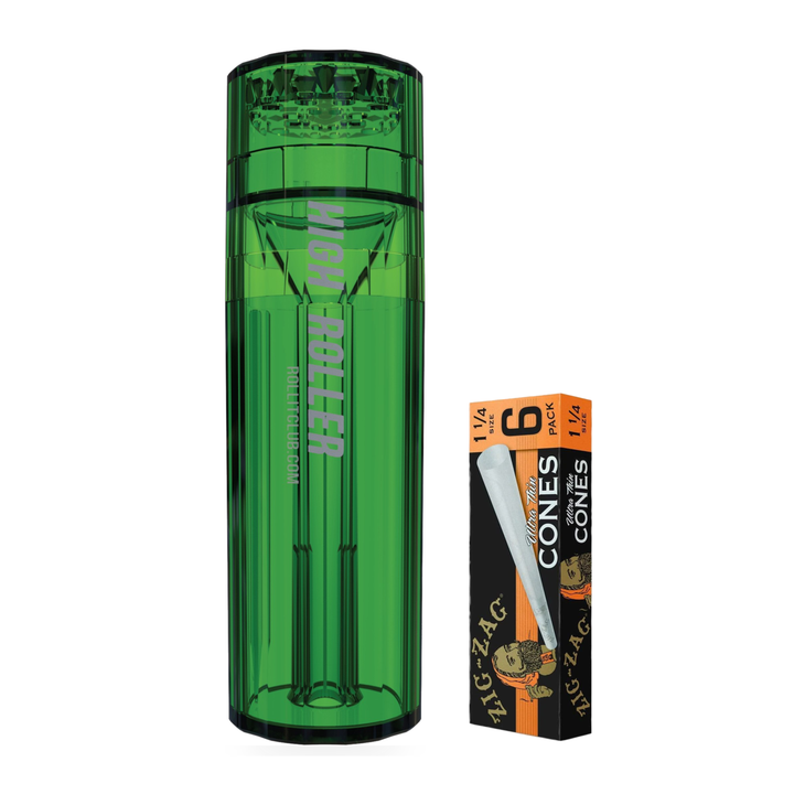Kit con grinder Highroller verde y una caja de conos Zig-Zag Ultra Thin 1 1/4