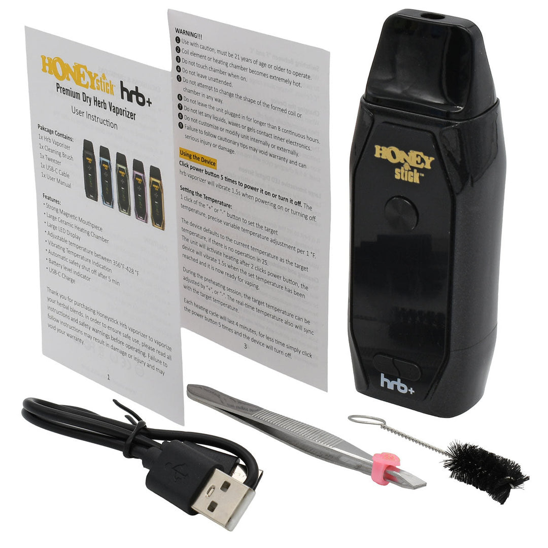 Kit HoneyStick HRB+ negro con cable USB-C, cepillo, pinzas y manual