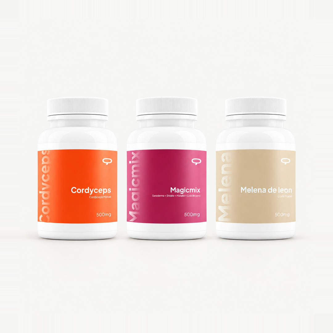 Tres frascos del Kit Hongos Funcionales: Cordyceps, Magic Mix y Melena de León