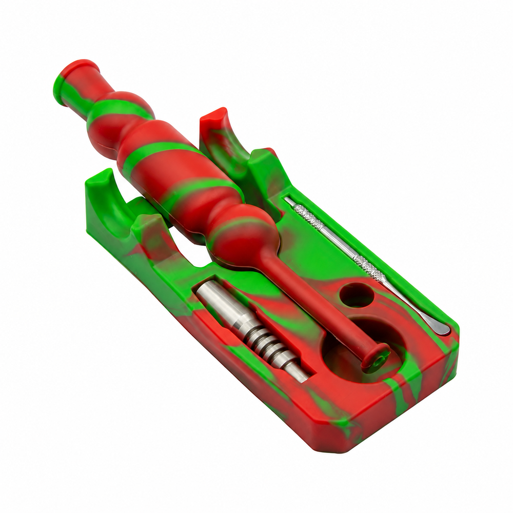 Kit nectar collector de silicona verde y rojo con sus cuatro piezas en el estuche