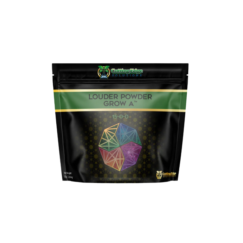 Etiqueta frontal del Louder Powder Grow A con composición garantizada 15-0-0