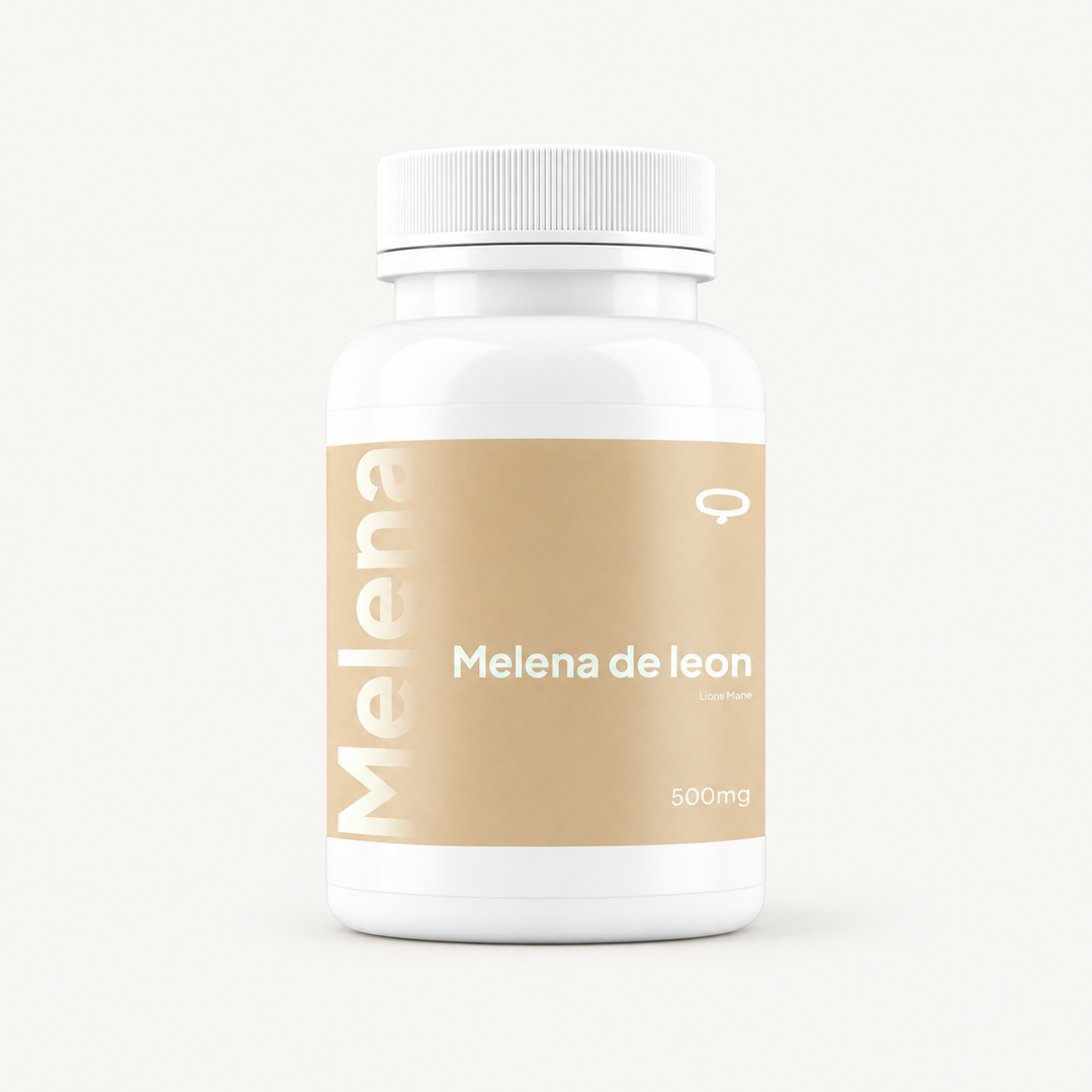 Frasco de Melena de León en cápsulas con etiqueta arena, Bloommart