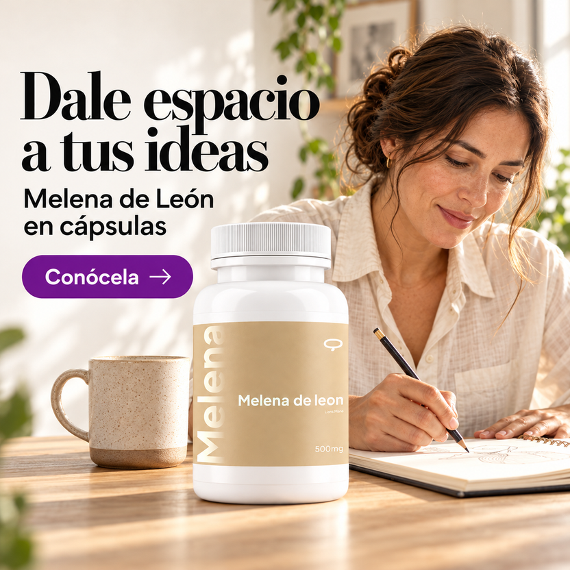 Melena de León en cápsulas junto a una mujer dibujando en su cuaderno. Dale espacio a tus ideas.
