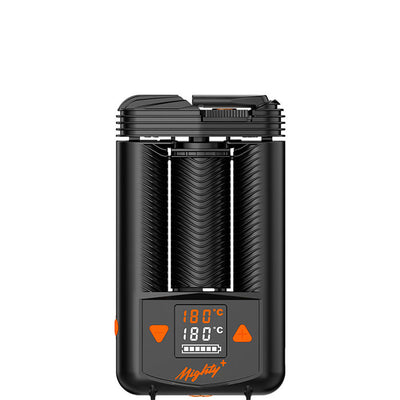 Vaporizador MIGHTY+ de Storz & Bickel visto de frente, con la pantalla y los botones naranja