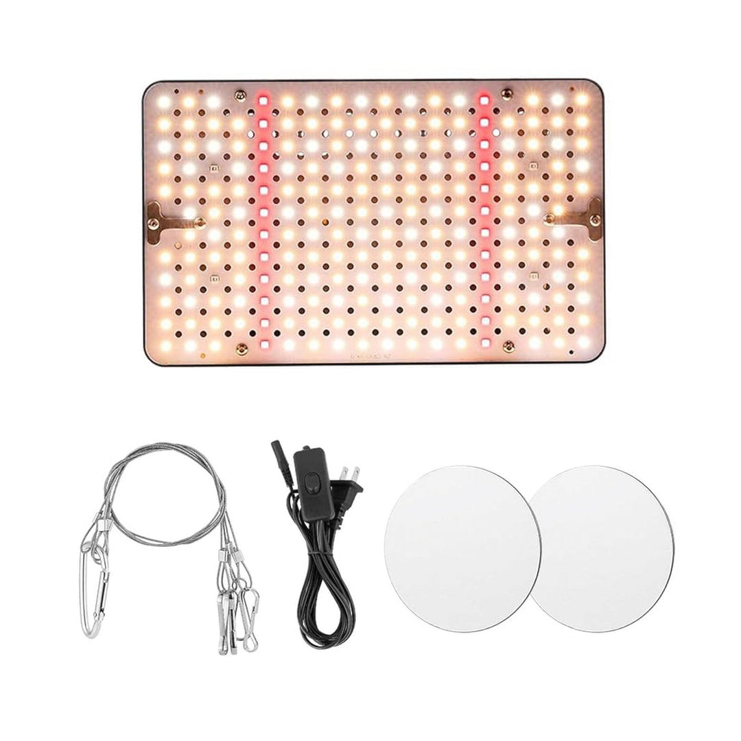 Contenido de la caja del panel LED 200W: panel, kit para colgar y cable con interruptor