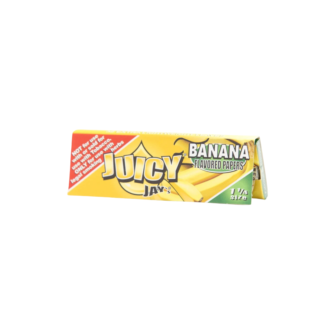Papeles sabor a banana Juicy Jay’s con impresión de frutas, para una experiencia de sabor tropical.