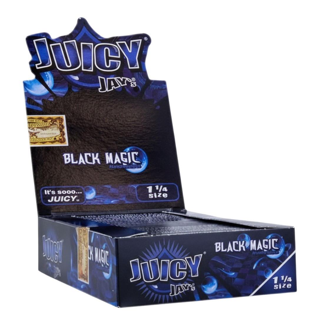 Caja de papeles Juicy Jay’s Black Magic 1 ¼, papeles saborizados para un toque mágico en cada sesión.