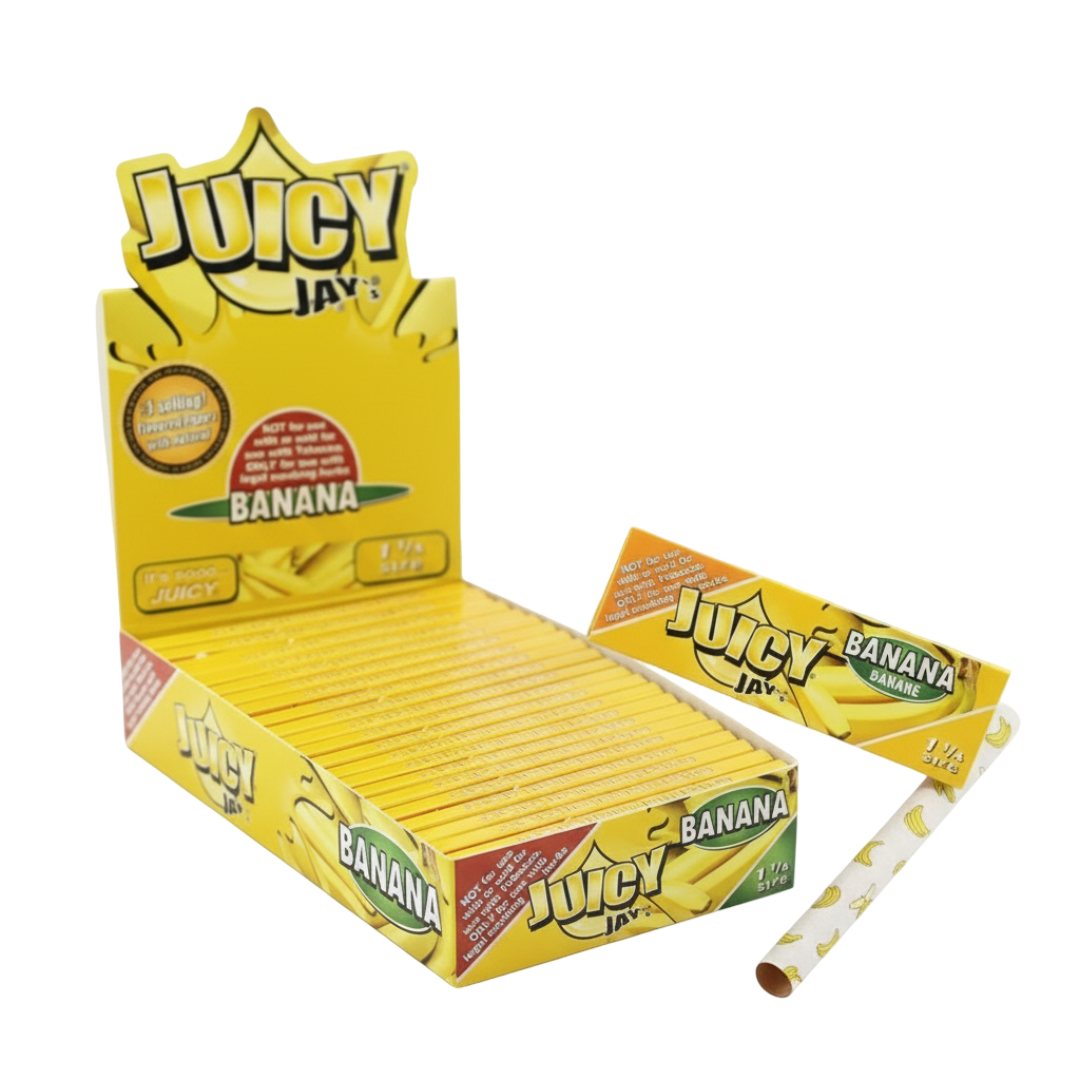 Papeles Juicy Jay’s Banana 1 ¼ con sabor a banano, ideales para un aroma dulce y natural.