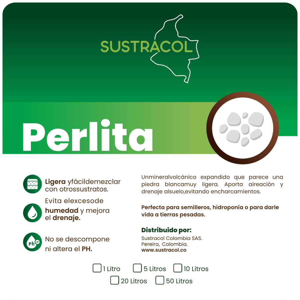 Etiqueta de perlita sustrato Sustracol, perlita agrícola lavada para mejorar drenaje y oxigenación

