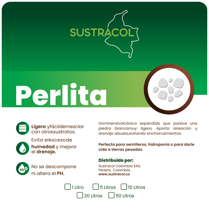 Etiqueta de perlita sustrato Sustracol, perlita agrícola lavada para mejorar drenaje y oxigenación
