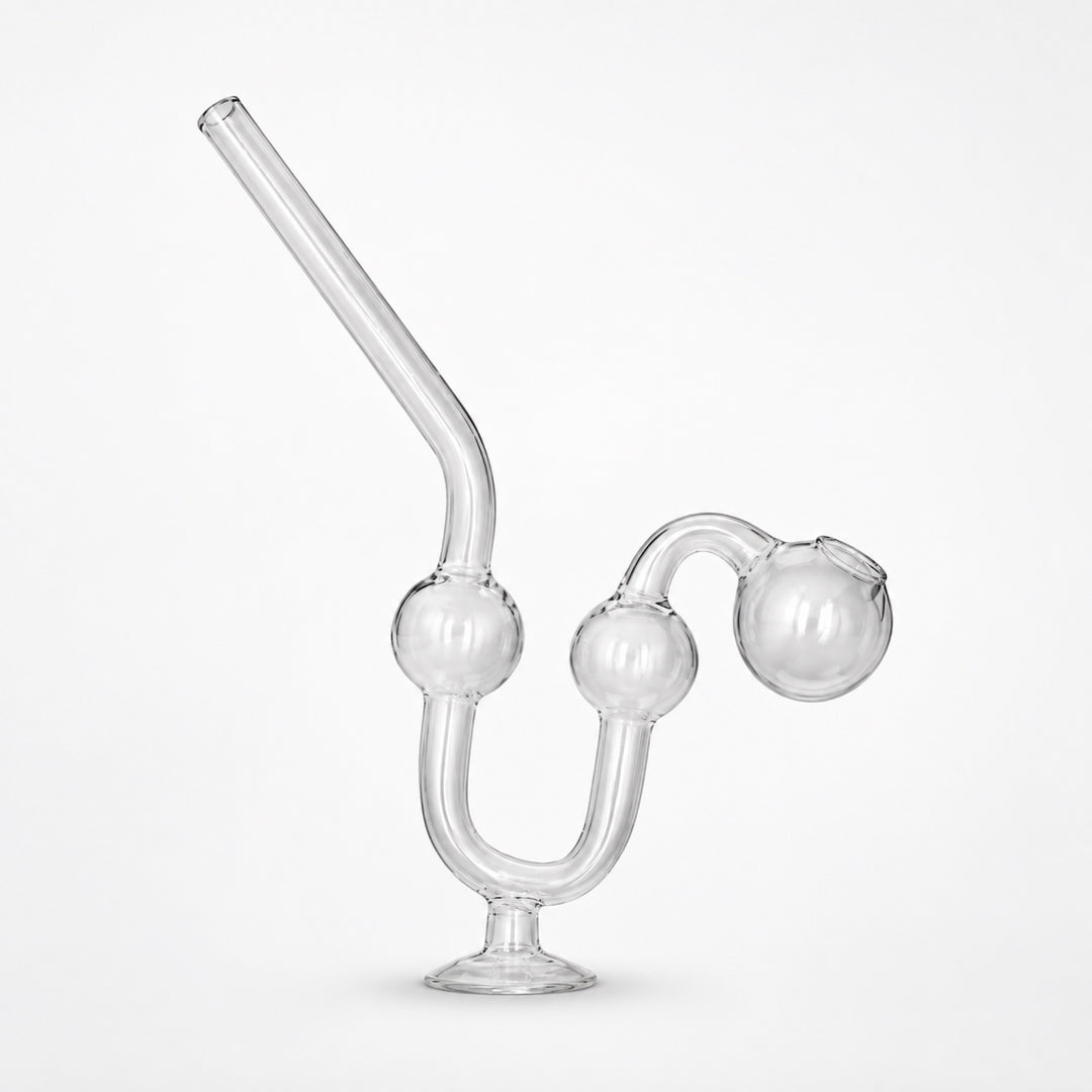 Pipa de vidrio para wax transparente de frente, con la curva en U de la base donde va el agua y el recorrido interno a la vista
