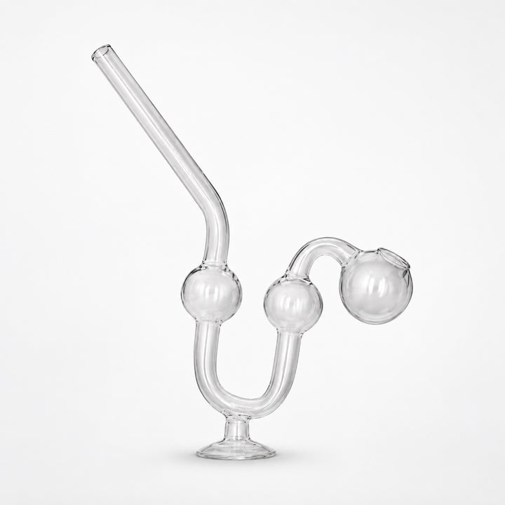 Pipa de vidrio para wax transparente de frente, con la curva en U de la base donde va el agua y el recorrido interno a la vista