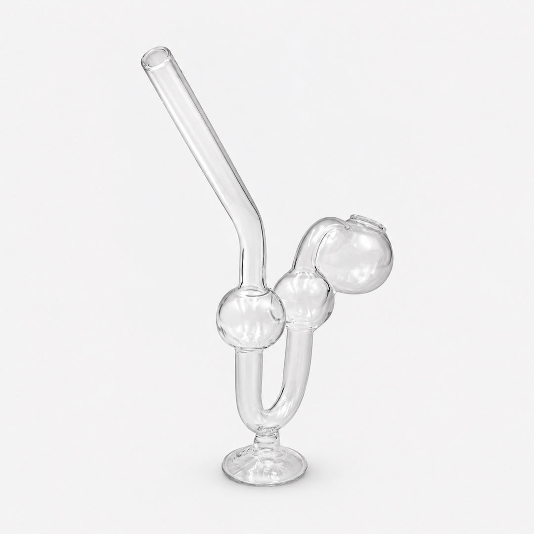 Pipa para wax transparente en tres cuartos, apoyada de pie sobre su base circular