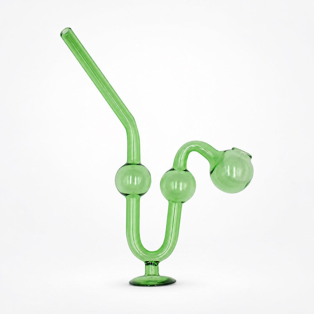 Pipa para wax en vidrio verde vista de frente: boquilla inclinada, tres cámaras esféricas, curva en U y base circular