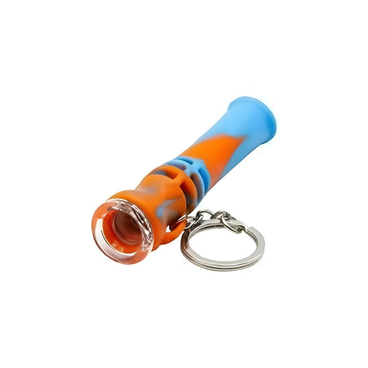 Pipa de silicona portátil con llavero en colores azul y naranja, bowl de vidrio removible, 9cm de largo, ideal para viajes
