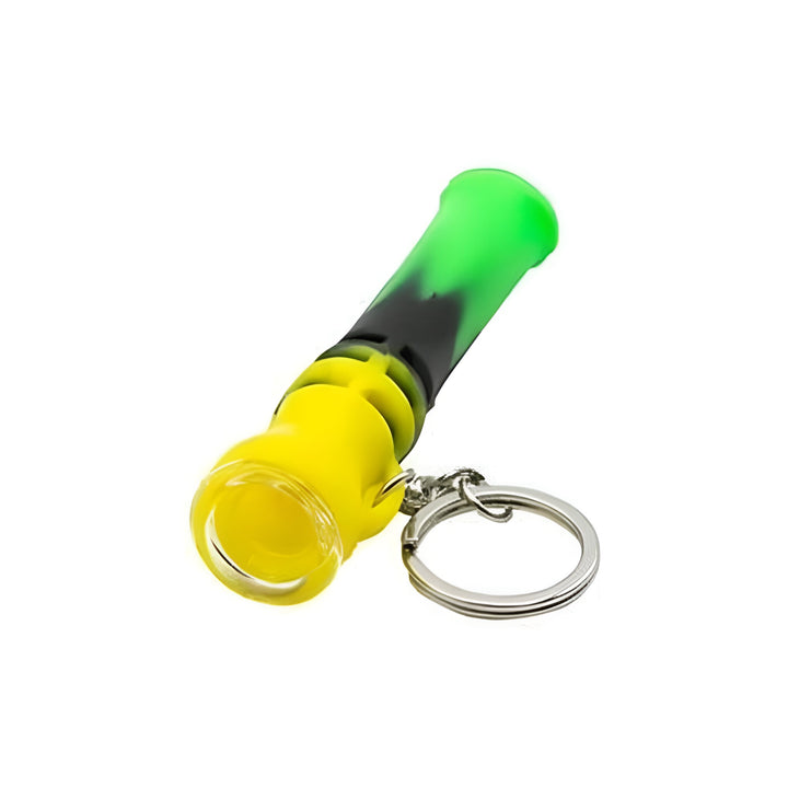 Pipa irrompible de silicona con llavero en colores verde y amarillo, diseño compacto con bowl de vidrio, accesorios Bloommart
