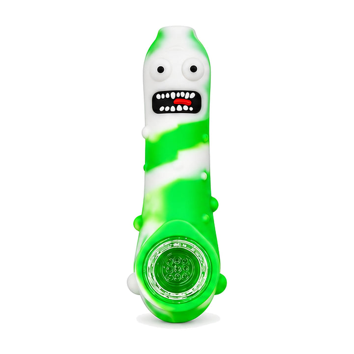 Pipa de mano blanca y verde con relieve de personaje, de frente