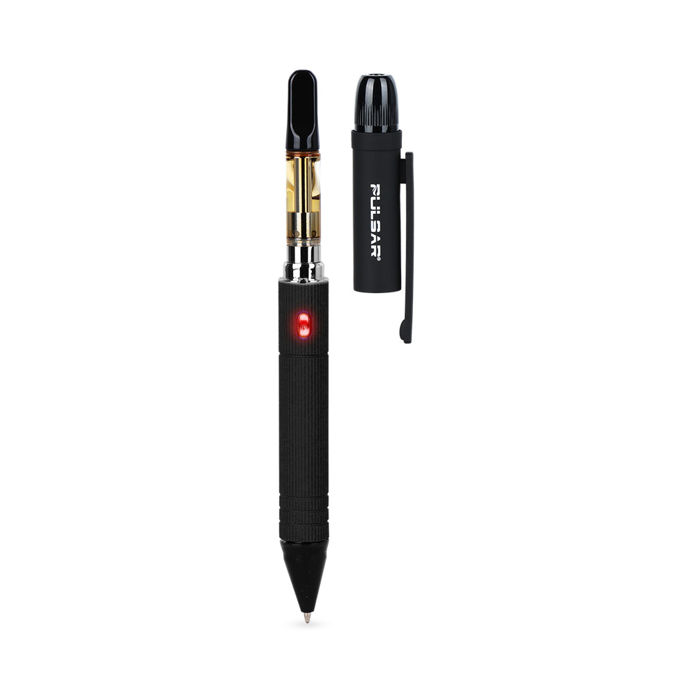 Pulsar 510 DL Scribe negro sin la tapa, con un cartucho 510 enroscado y el indicador encendido
