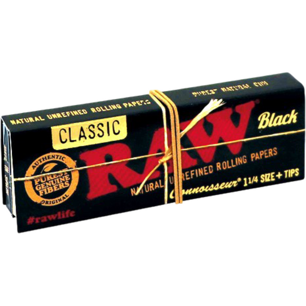 Librito de RAW Black Connoisseur 1 1/4 cerrado con su banda elástica dorada